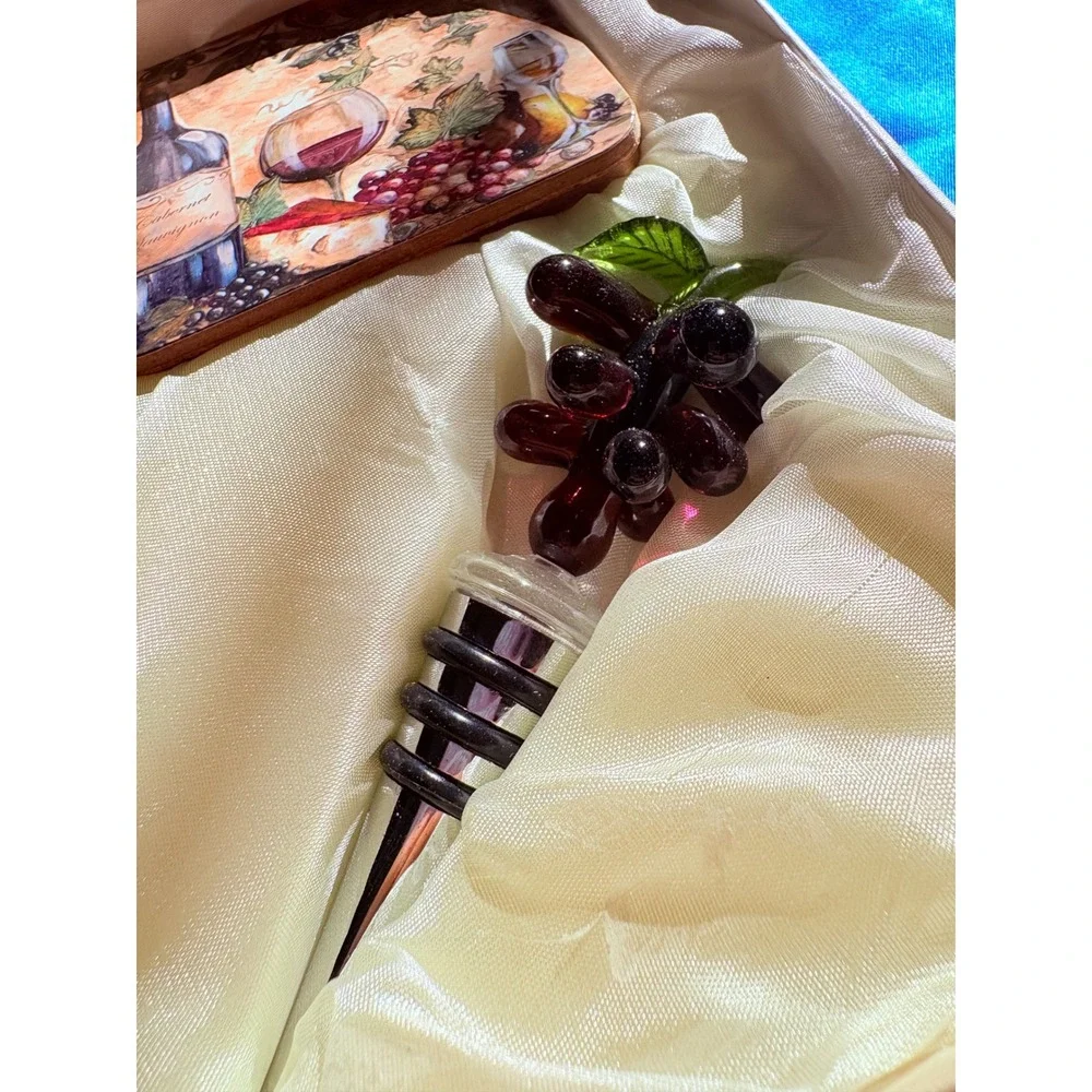 Wine‎ Accessory Gift Set Beaded Corkscrew Glass Grape Stopper and Coaster